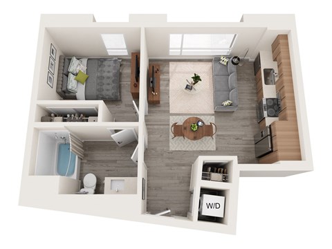 A top down view of a small apartment with a kitchen, living room, and bathroom.